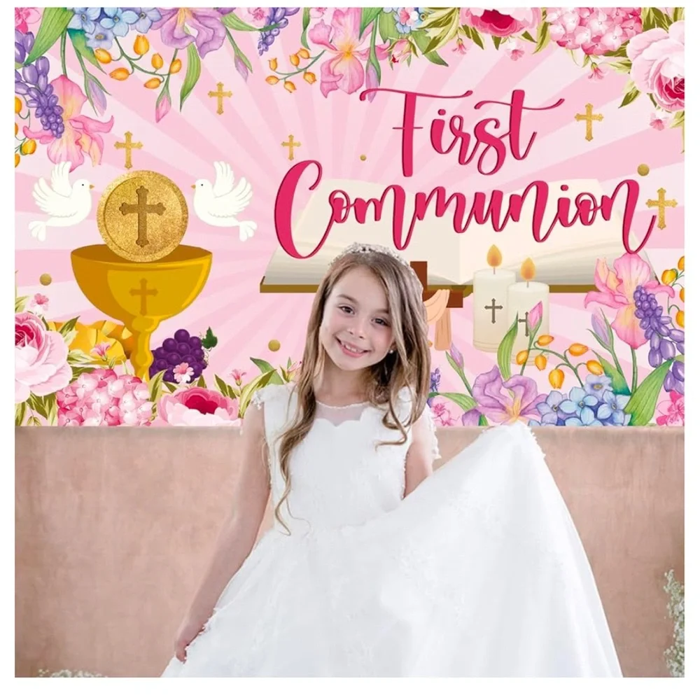 First Holy Communion Backdrop Banner Decorations, 39 x 63,Pink Gold Floral Bapti